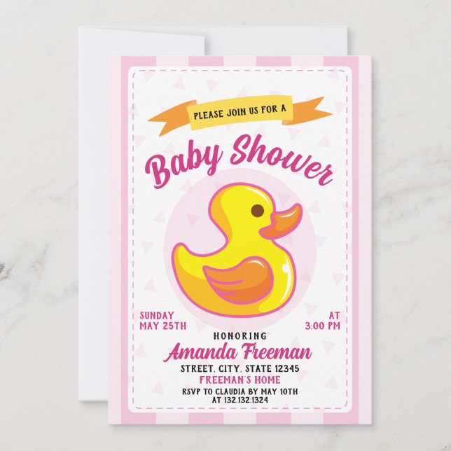 Cute Rosa Rubber Anka Leksak Girl Baby Shower Inbjudningar (Framsida)