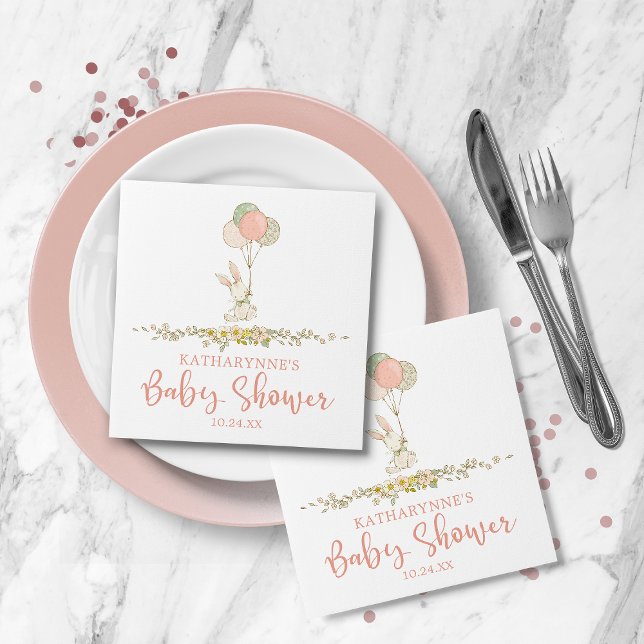 Cute Rosa Rustic Blommigt Bunny Baby Shower Pappersservett (Cute Pink Rustic Floral Bunny Baby Shower Napkins)
