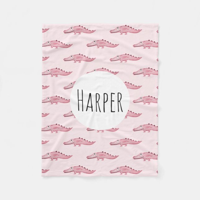 Cute Rosa Safari Crocodile Mönster och Namn Fleecefilt (Framsidan)