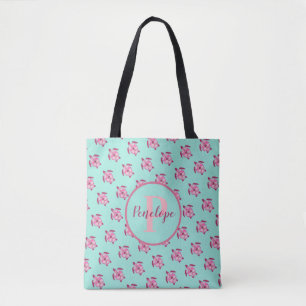 Cute Rosa Sea Turtle Mönster med Namn Monogram Tygkasse