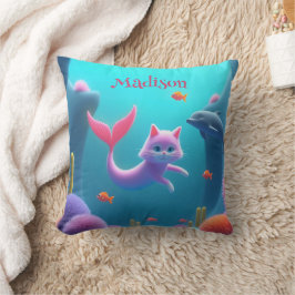 Cute Rosa Sjöjungfru Kitten Kudde