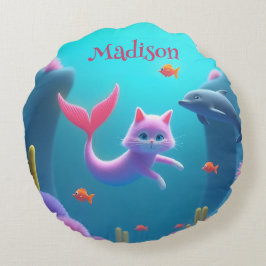 Cute Rosa Sjöjungfru Kitten Rund Kudde