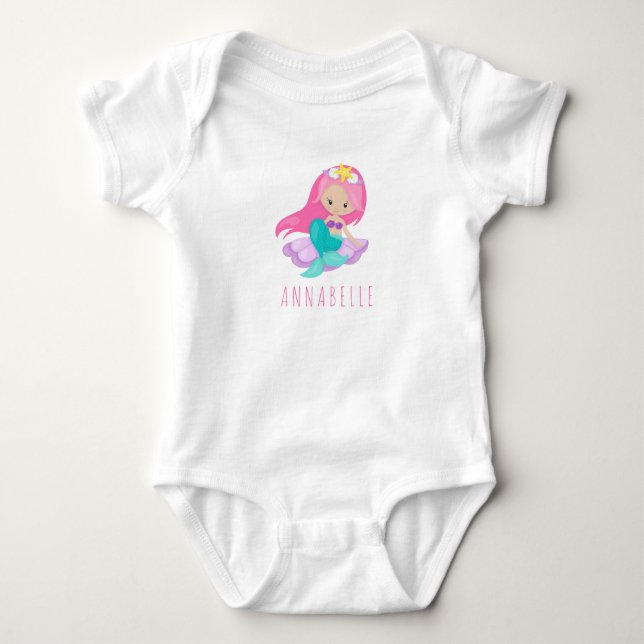Cute Rosa Sjöjungfru Princess Girl Sitta Sea Snäck T Shirt (Framsida)