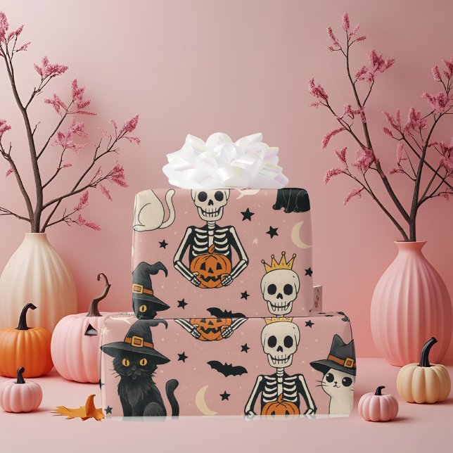 Cute Rosa Skeleton Princess & Halloween Cats Presentpapper (Skapare uppladdad)