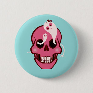 Cute Rosa Skull med spider och Spöken i Öga Knapp
