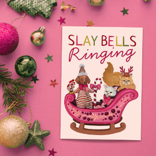 Cute Rosa Slay Klockor Ringing Hund Diva jul jul Helgkort