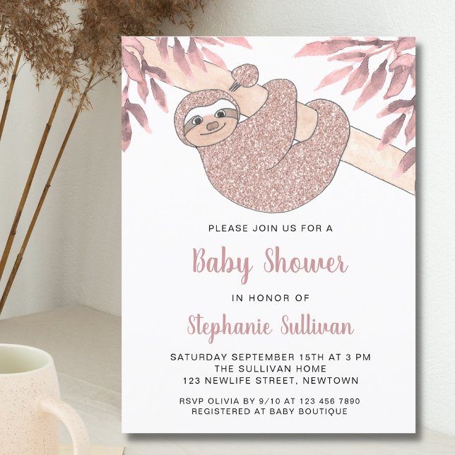Cute Rosa Sloth Baby Shower Inbjudan Vykort (Skapare uppladdad)