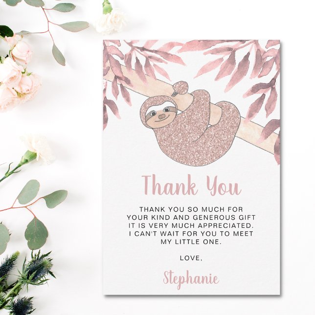Cute Rosa Sloth Baby Shower Tack Kort (Skapare uppladdad)
