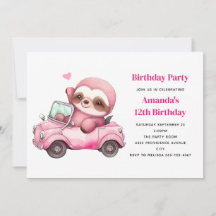 Cute Rosa Sloth Köra en bilfödelsedag Inbjudningar