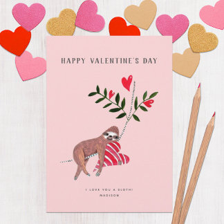 Cute Rosa Sloth Valentine Greeting Card Helgkort