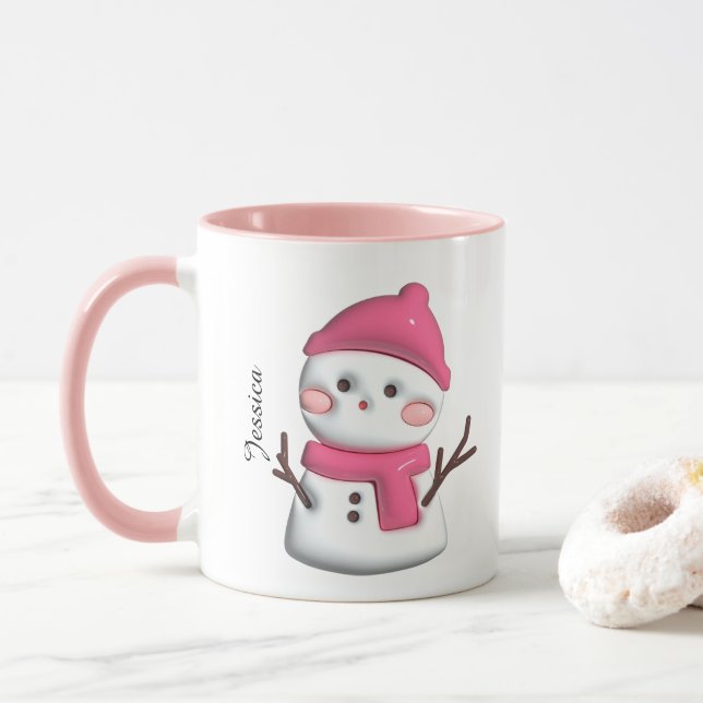 Cute Rosa Snögubbe Personlig Namn Mugg (Med munk)