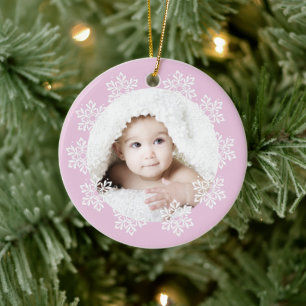 Cute Rosa Snowflake Ram Girl Photo jul Julgransprydnad Keramik