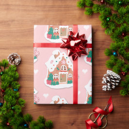 Cute Rosa Snowy Gingerbröd House Presentpapper