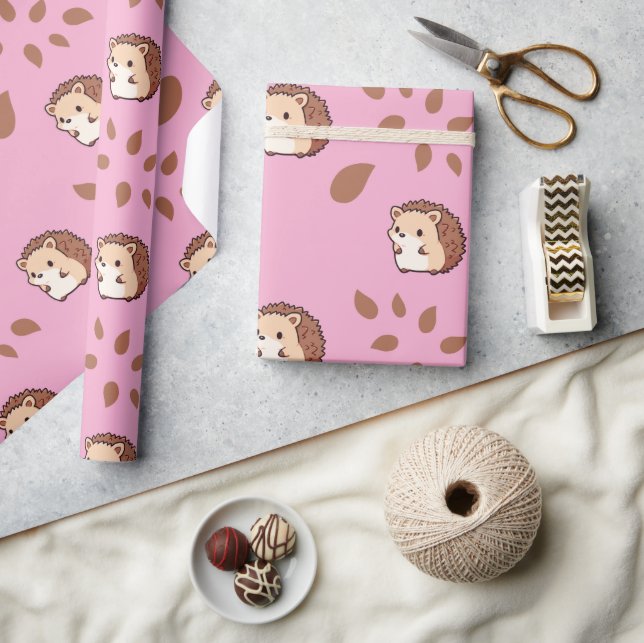 Cute Rosa Sömlöst Wrapping Papper med Hedgehogs Presentpapper (Hantverk)