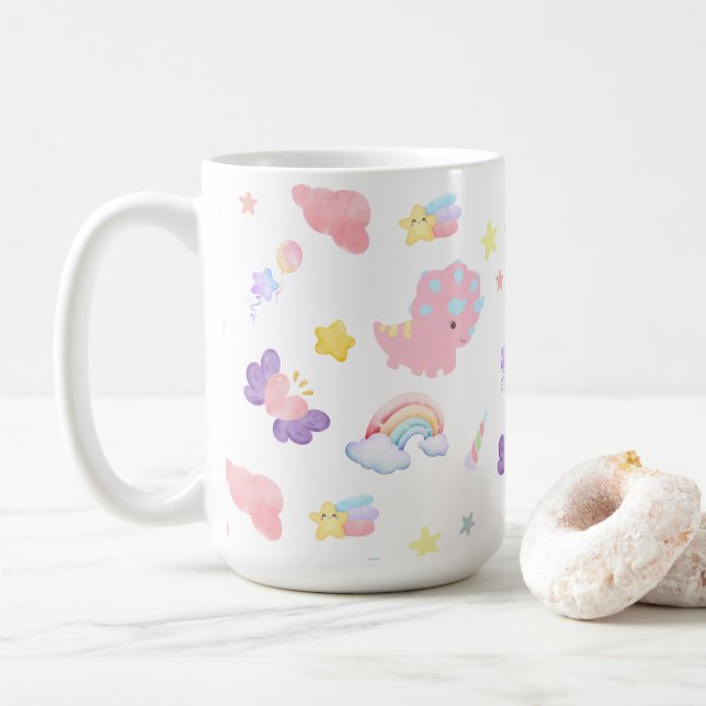 Cute rosa, söt dinosaur, regnbåge, Mönster Kaffemugg (Med munk)