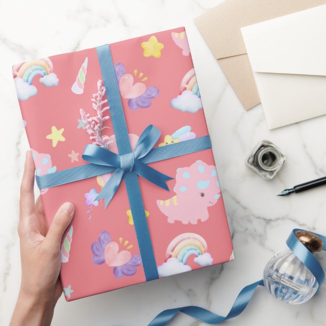 Cute rosa, söt dinosaur, regnbåge, Mönster Presentpapper (Gifting)