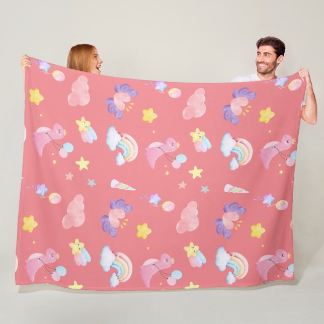 Cute rosa (söt dinosaur), regnbågsballong Mönster Fleecefilt (På plats)