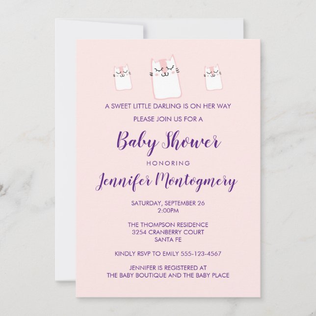 Cute Rosa Spieping Kattunge Baby Shower Party Inbjudningar (Framsida)