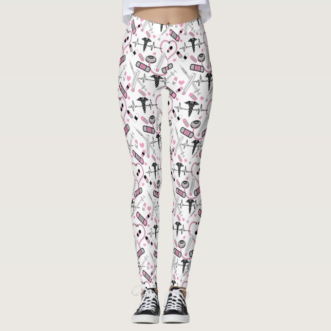 Cute Rosa Stethoscope Nurse | Doktor EKG Mönster Leggings (Framsida)