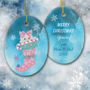 Cute Rosa Stocking Kitten med Candy cane Julgransprydnad Keramik