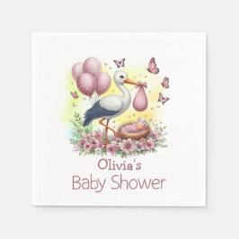 Cute Rosa Stork Girl Baby Shower Napkins Pappersservett