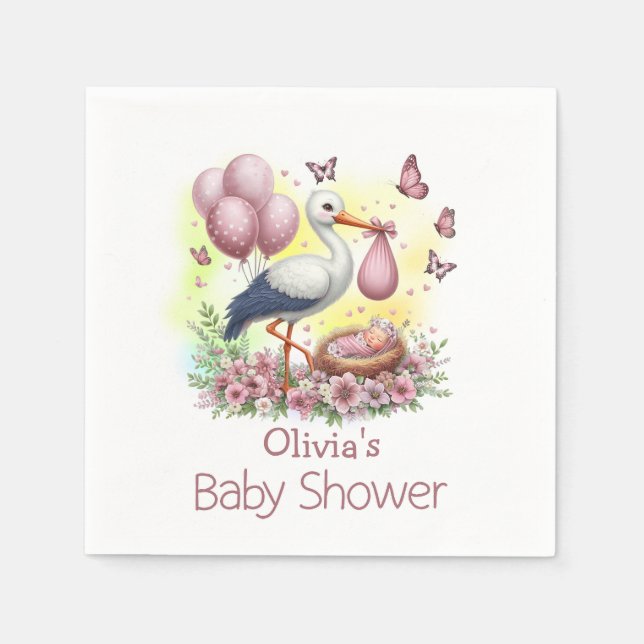 Cute Rosa Stork Girl Baby Shower Napkins Pappersservett (Framsidan)