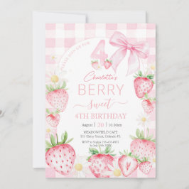 Cute Rosa Strawbär Berry Sweet 4e födelsedagen Inbjudningar