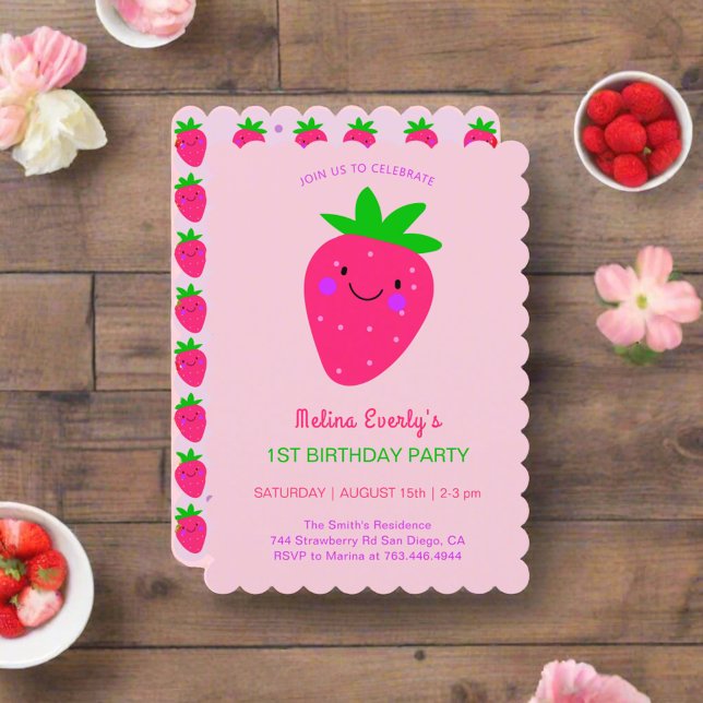 Cute Rosa Strawberry 1:a födelsedag Party Flicka Inbjudningar (Skapare uppladdad)