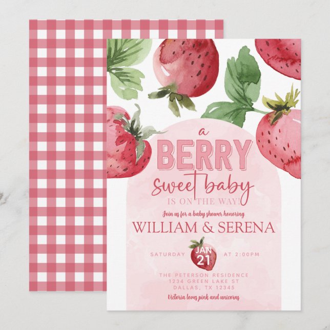 Cute Rosa Strawberry Berry Sweet Baby Shower Inbjudningar (Fram/baksida)