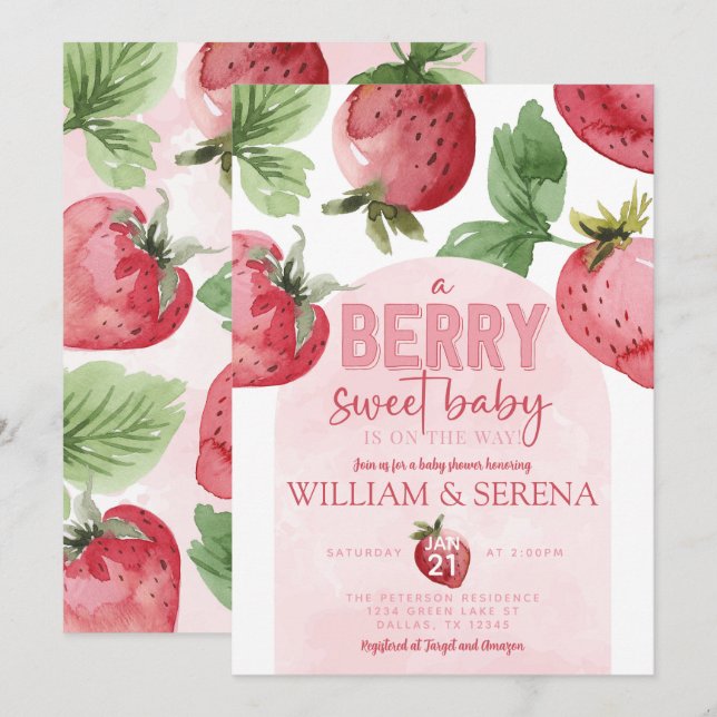 Cute Rosa Strawberry Berry Sweet Baby Shower Inbjudningar (Fram/baksida)