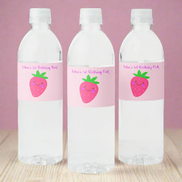Cute Rosa Strawberry Girl 1st Birthday Party Vattenflaskor Etikett