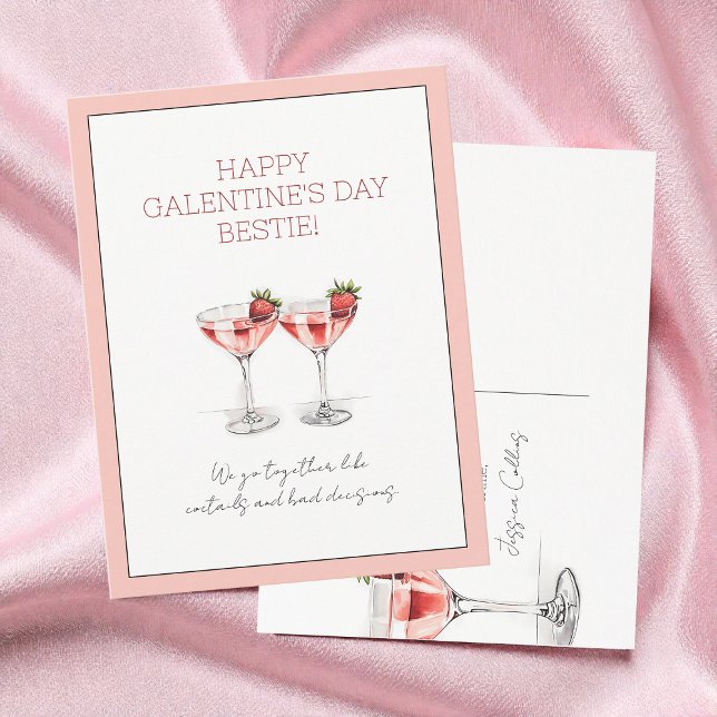 Cute Rosa Strawberry Martini Galentine's Day Helg Vykort (Cute Pink Strawberry Martini Galentine's Day Holiday Postcard)
