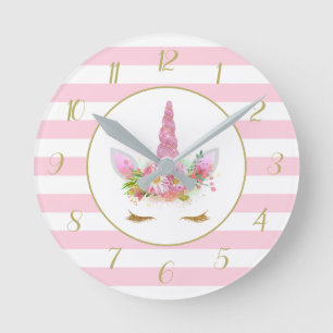 Cute Rosa Stripe Unicorn Ansikte Rund Klocka