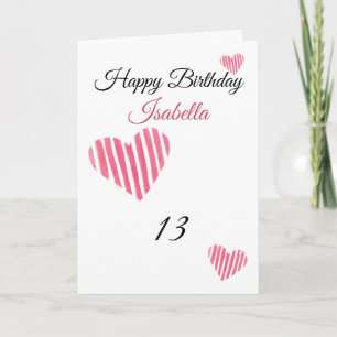 Cute Rosa Stripe Watercolor Hearts 13:e födelsedag Kort