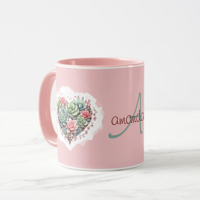Cute Rosa Succult Heart Monogram Valentines day Mugg (Framsida vänster)