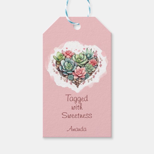 Cute Rosa Succult Heart Valentines day Presentetikett (Framsidan)
