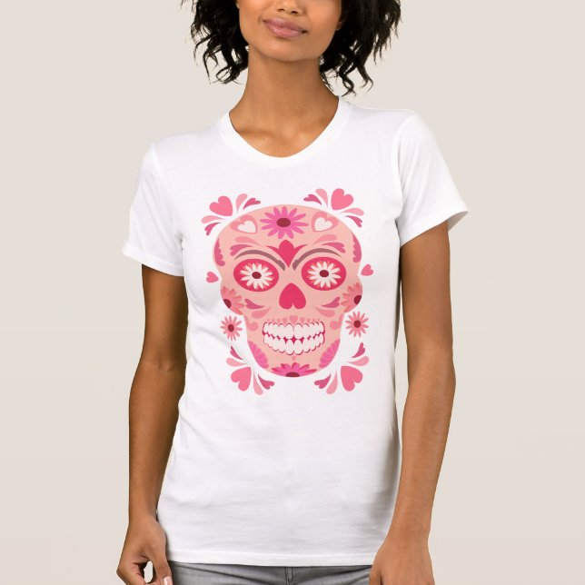 Cute Rosa Sugar Skull T Shirt (Framsida)