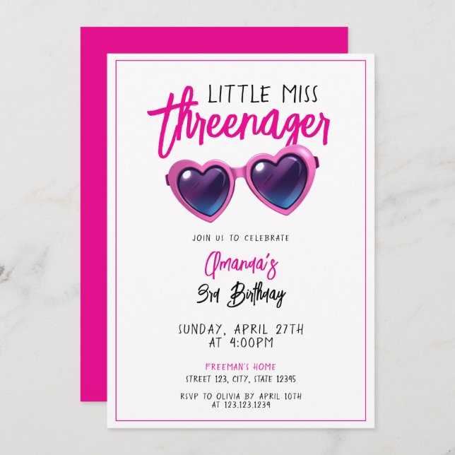 Cute Rosa Sunglasses Threenager 3:e födelsedagen Inbjudningar (Fram/baksida)