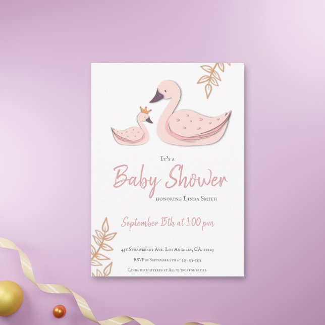 Cute Rosa Svan med Krona Girl Baby Shower Inbjudningar (Skapare uppladdad)