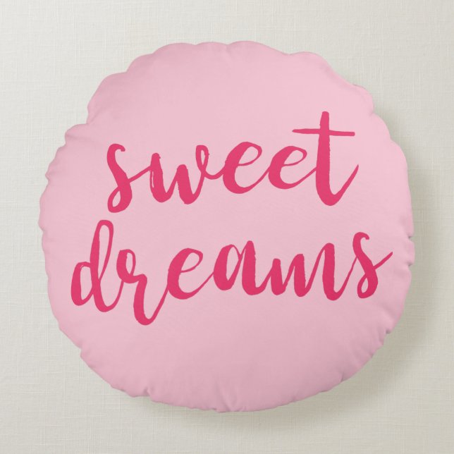 Cute Rosa Sweet Dreams Hand Lettering Round Pillow Rund Kudde (Framsidan)