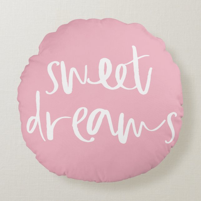 Cute Rosa Sweet Dreams Hand Lettering Round Rund Kudde (Framsidan)