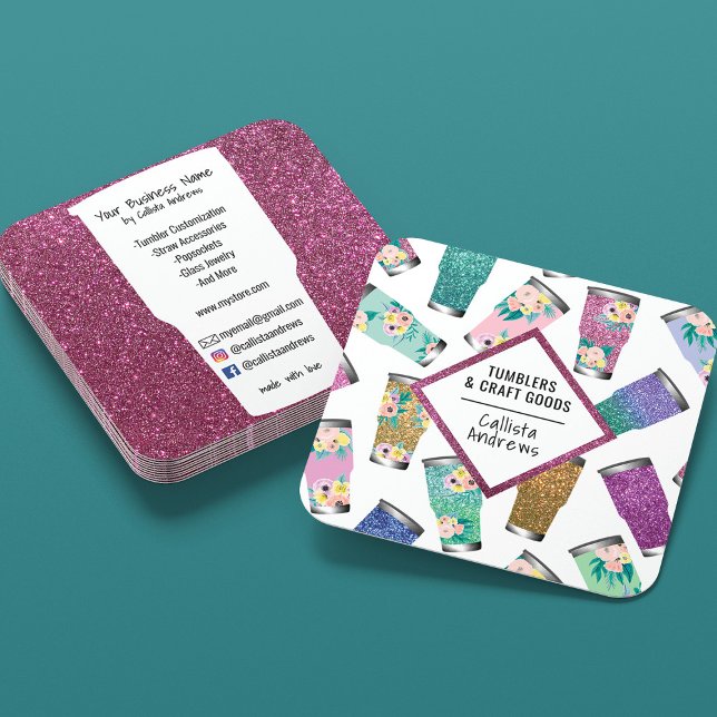 Cute Rosa Teal Blommigt Glitter Tumbler Crafter Fyrkantigt Visitkort (Skapare uppladdad)