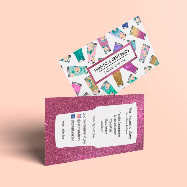 Cute Rosa Teal Blommigt Glitter Tumbler Crafter Visitkort (Skapare uppladdad)