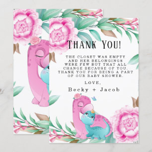Cute Rosa Teal Dinosaur Baby Shower - tack för dit Kort