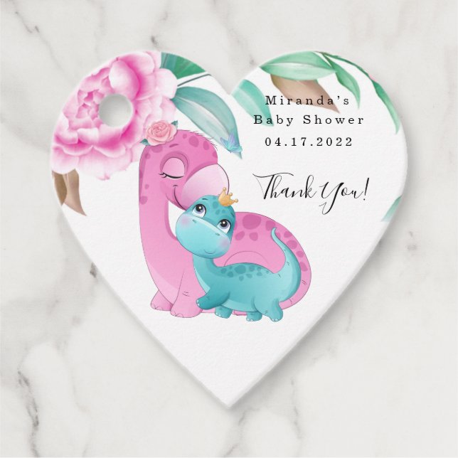 Cute Rosa Teal Dinosaurs Baby Shower Tack Gåvor Etiketter (Framsida)