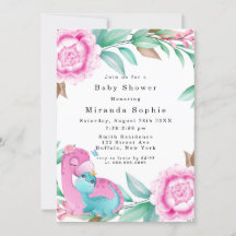 Cute Rosa Teal Dinosaurs Girl Baby Shower