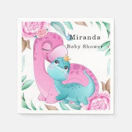Cute Rosa Teal Dinosaurs Peony Girl Baby Shower Pappersservett