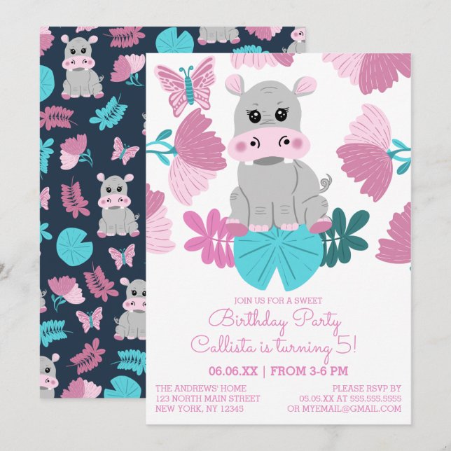 Cute Rosa Teal Hippo Blommigt Butterfly Birthday Inbjudningar (Fram/baksida)