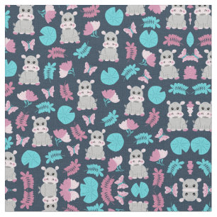 Cute Rosa Teal Hippo Blommigt Butterfly Lily Pad Tyg