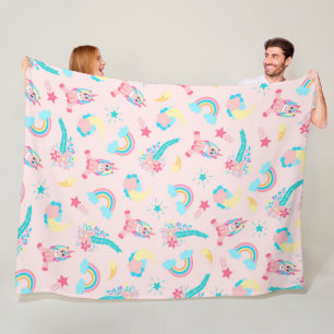 Cute Rosa Teal Unicorn Rainbow Blommigt Stars Fleecefilt